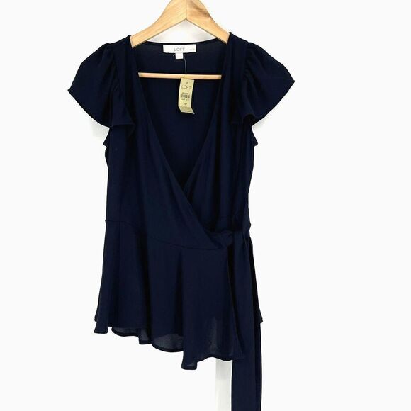 LOFT Top Size XS Petite Navy Blue V Neck Ruffle Blouse Flutter Sleeve Wrap Shirt - Picture 1 of 8